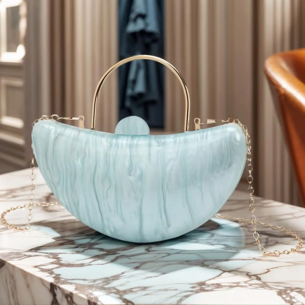 Women Cute Crescent Acrylic Handle Evening Bag Moon Marbling Clutch Purse with Removable Chain for Dating Traveling