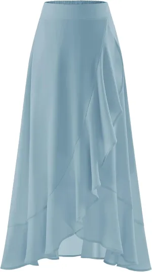 Women Midi Skirt Ruffle 2025 Summer Skirts Flowy Elastic Waist Chiffon Casual Split Long Skirt with Lining