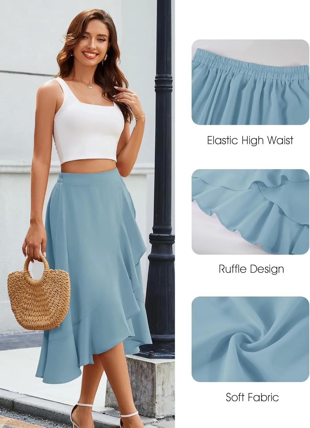 Women Midi Skirt Ruffle 2025 Summer Skirts Flowy Elastic Waist Chiffon Casual Split Long Skirt with Lining