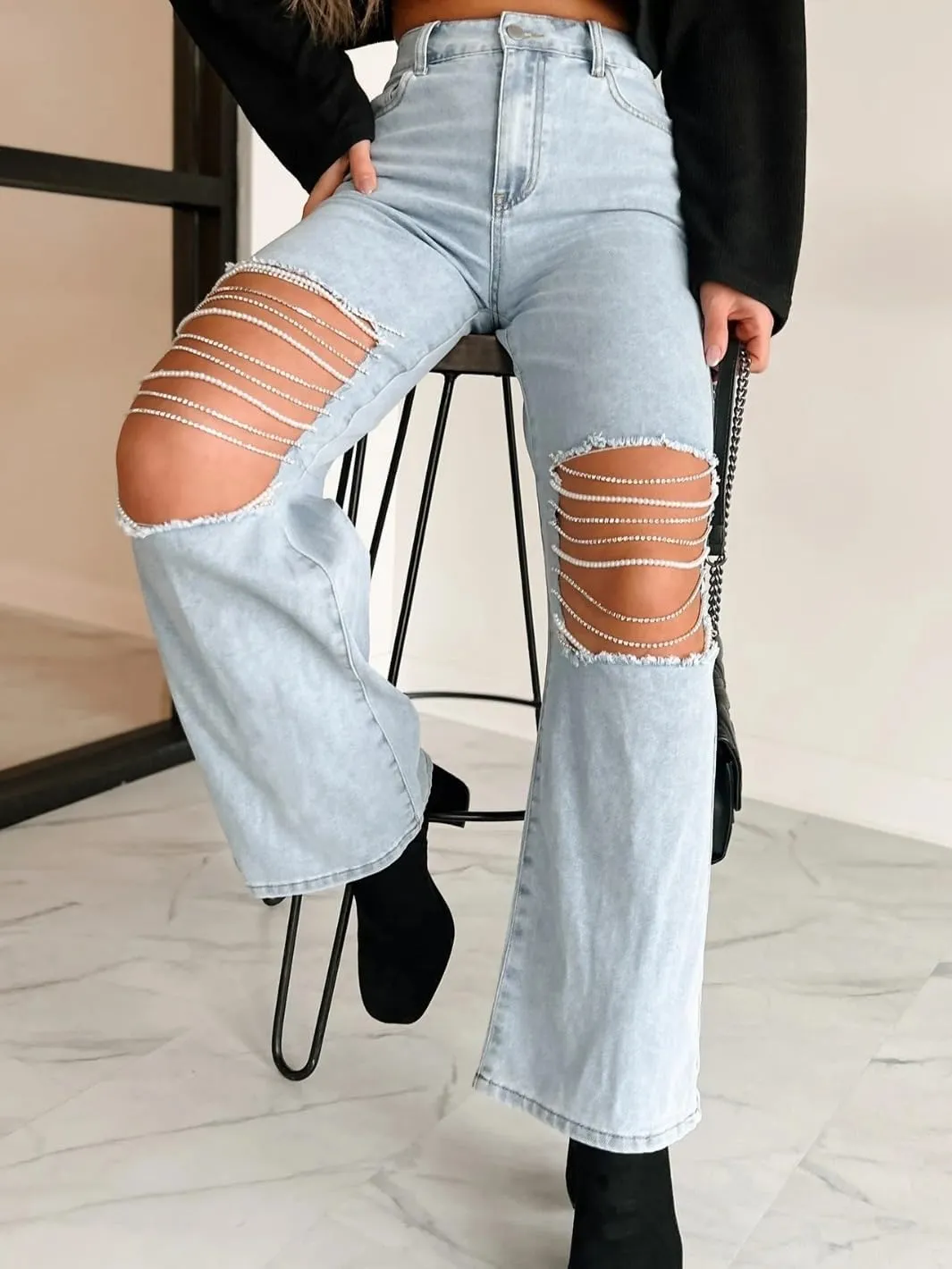 Women Pearls Denim Pants Distressed Ripped Jeans High Waist Wide Leg Denim Trousers