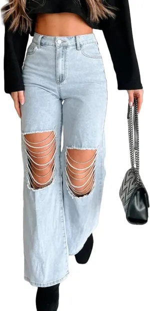 Women Pearls Denim Pants Distressed Ripped Jeans High Waist Wide Leg Denim Trousers