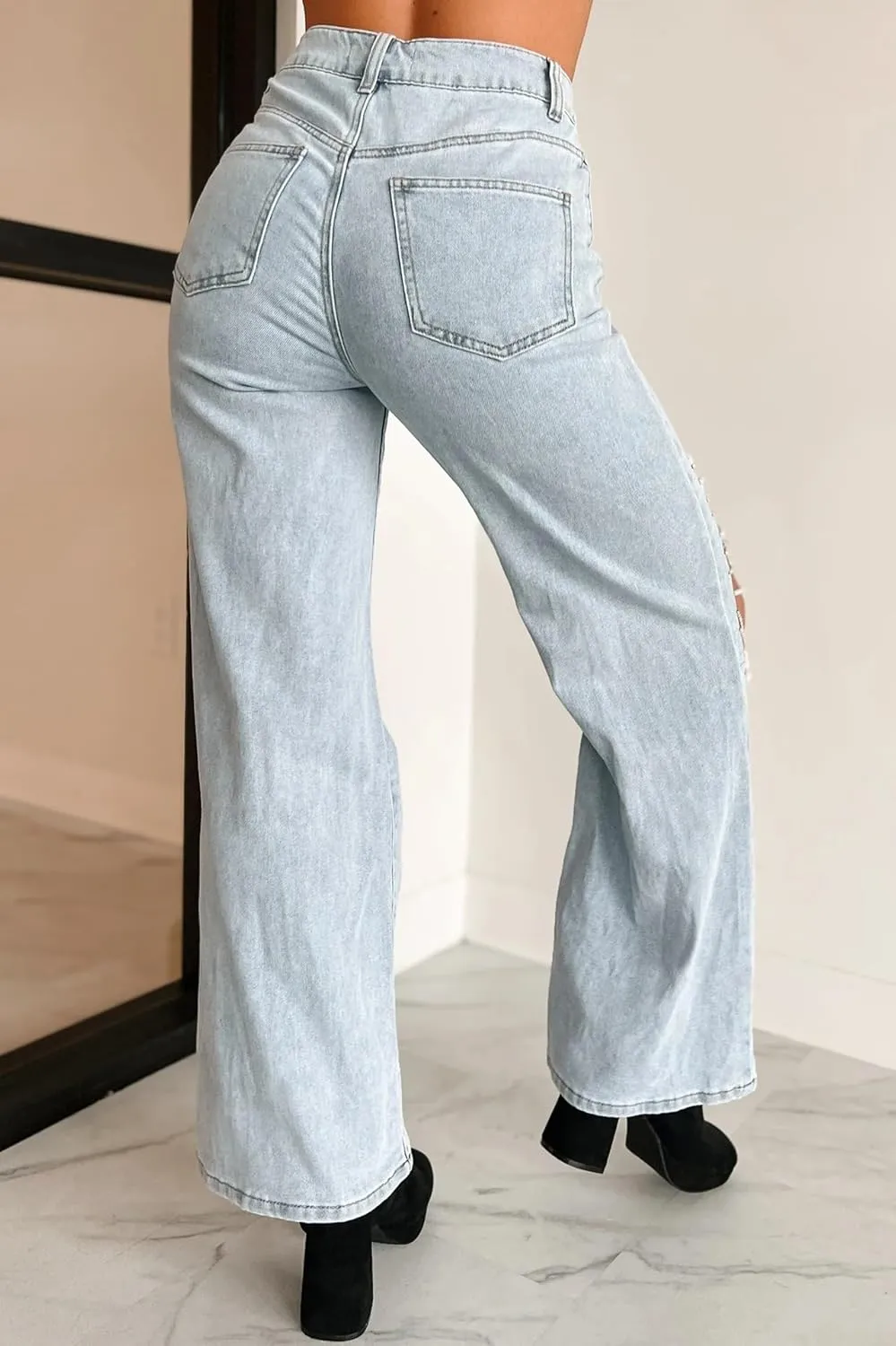 Women Pearls Denim Pants Distressed Ripped Jeans High Waist Wide Leg Denim Trousers