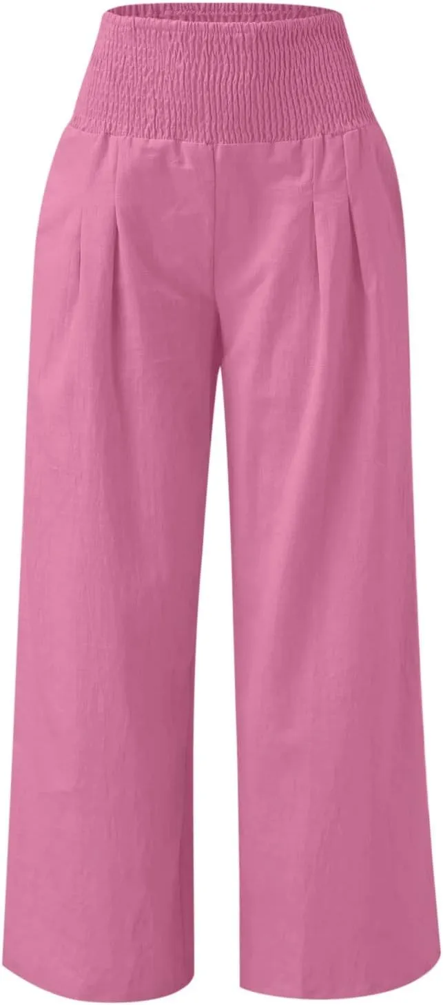 Women Straight Wide Leg Pants Elastic High Waisted Trendy Summer Clothes Cotton Linen Lightweight Flowy Outfits