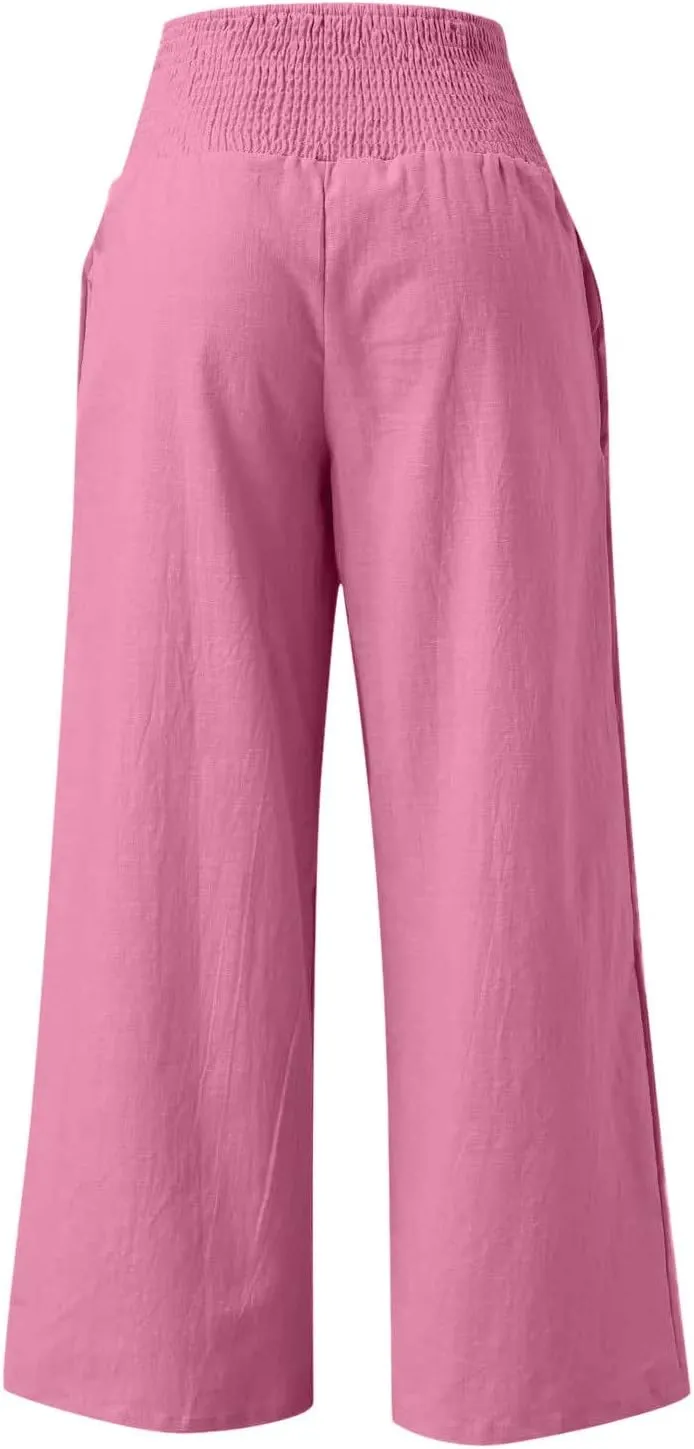 Women Straight Wide Leg Pants Elastic High Waisted Trendy Summer Clothes Cotton Linen Lightweight Flowy Outfits