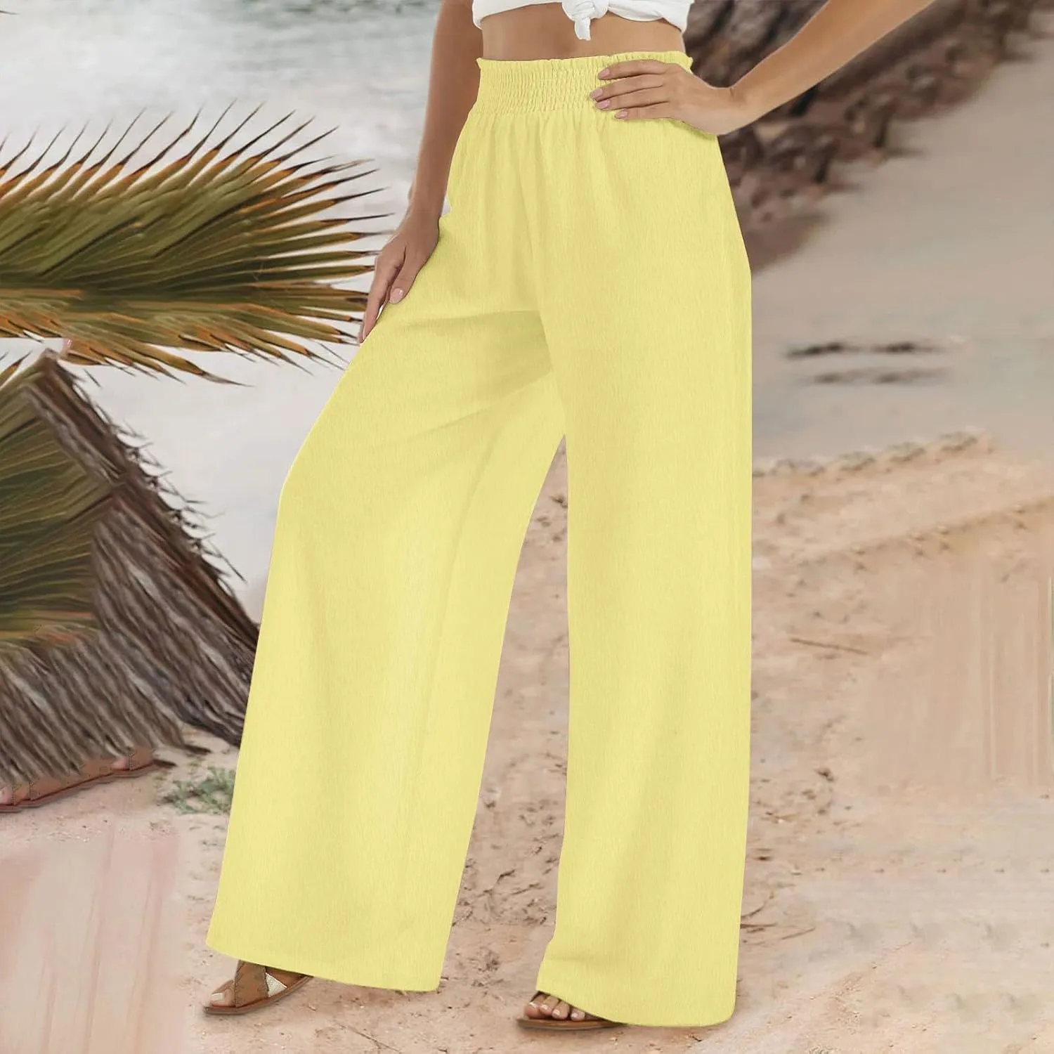 Women Straight Wide Leg Pants Elastic High Waisted Trendy Summer Clothes Cotton Linen Lightweight Flowy Outfits