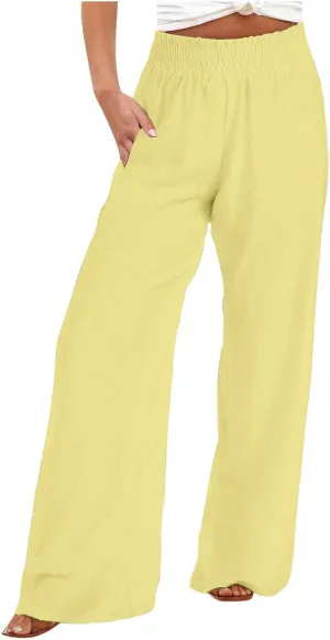 Women Straight Wide Leg Pants Elastic High Waisted Trendy Summer Clothes Cotton Linen Lightweight Flowy Outfits