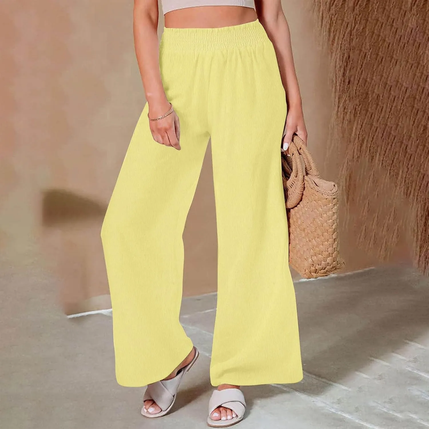 Women Straight Wide Leg Pants Elastic High Waisted Trendy Summer Clothes Cotton Linen Lightweight Flowy Outfits
