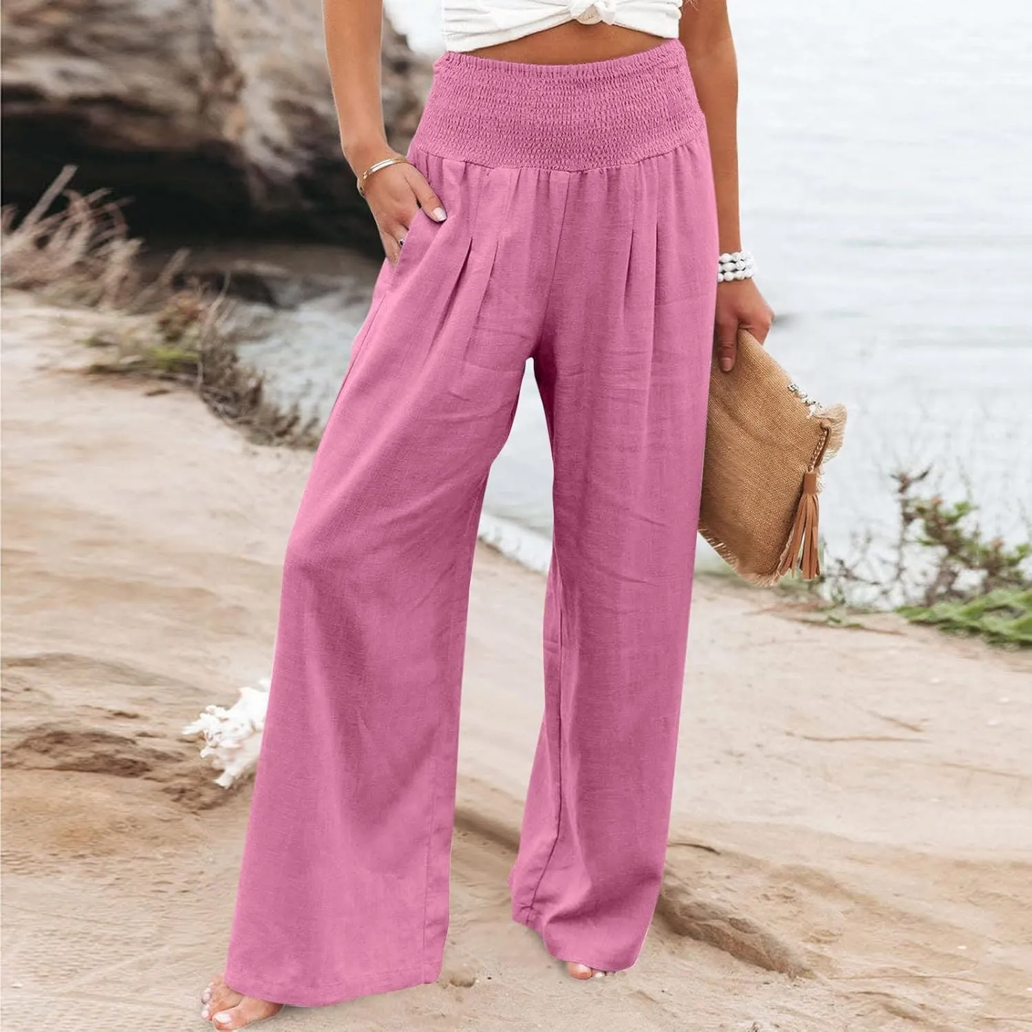 Women Straight Wide Leg Pants Elastic High Waisted Trendy Summer Clothes Cotton Linen Lightweight Flowy Outfits