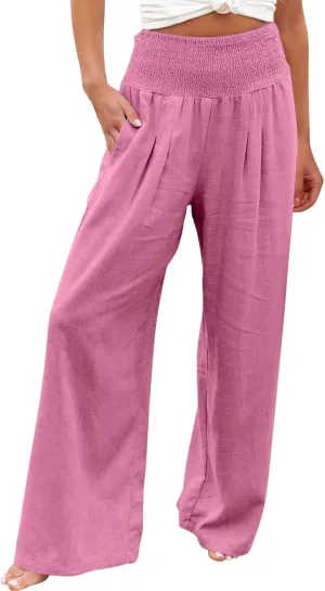 Women Straight Wide Leg Pants Elastic High Waisted Trendy Summer Clothes Cotton Linen Lightweight Flowy Outfits