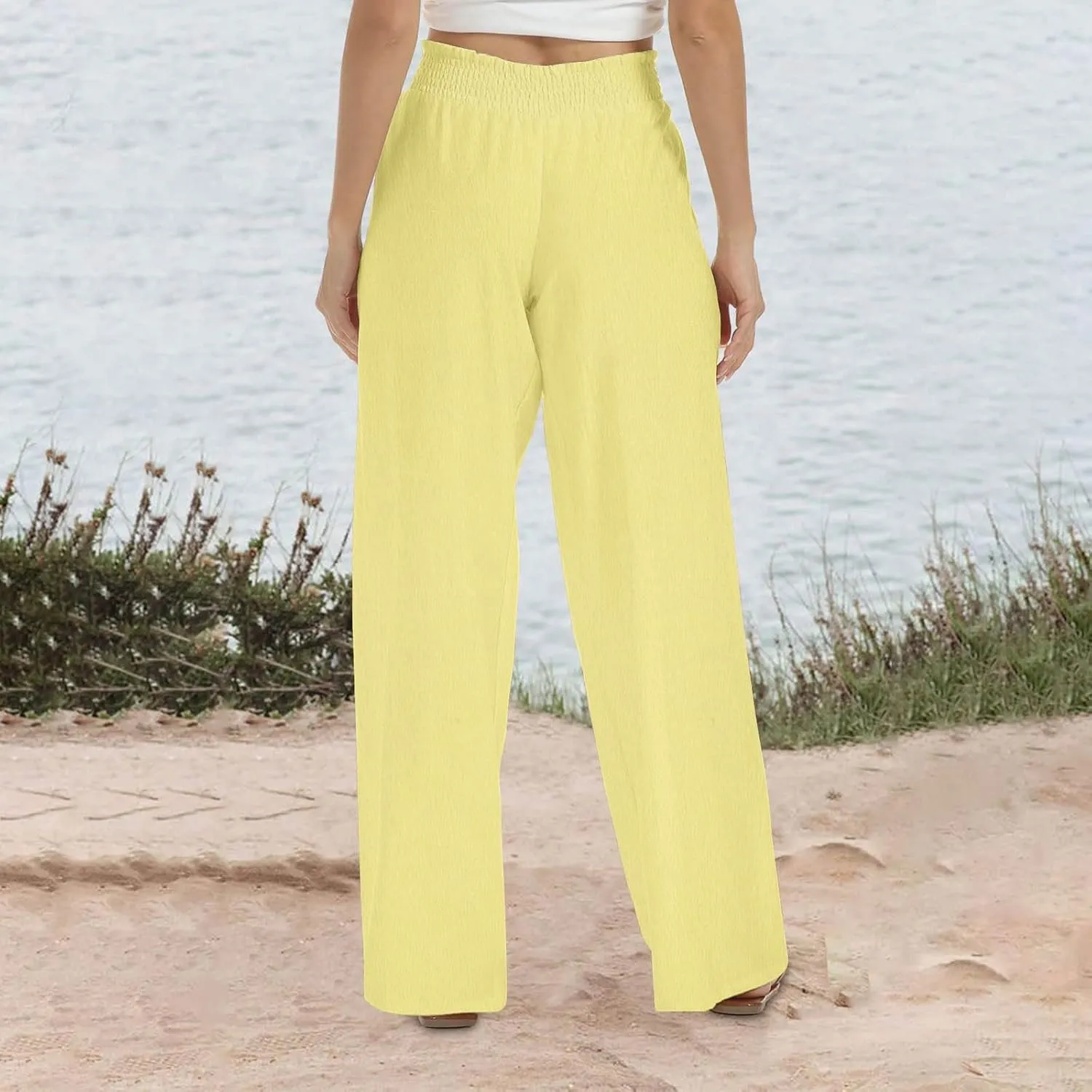 Women Straight Wide Leg Pants Elastic High Waisted Trendy Summer Clothes Cotton Linen Lightweight Flowy Outfits