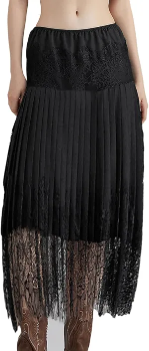 Women Tiered Lace Pleated Midi Skirts Lace Trim Layered Mesh Tulle Skirt Elastic Waist Flowy Long Goth Skirts