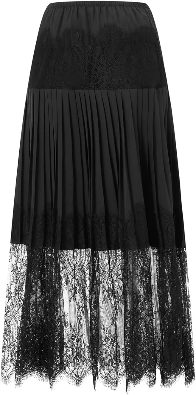 Women Tiered Lace Pleated Midi Skirts Lace Trim Layered Mesh Tulle Skirt Elastic Waist Flowy Long Goth Skirts