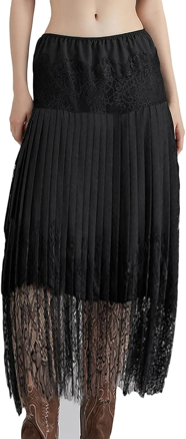 Women Tiered Lace Pleated Midi Skirts Lace Trim Layered Mesh Tulle Skirt Elastic Waist Flowy Long Goth Skirts