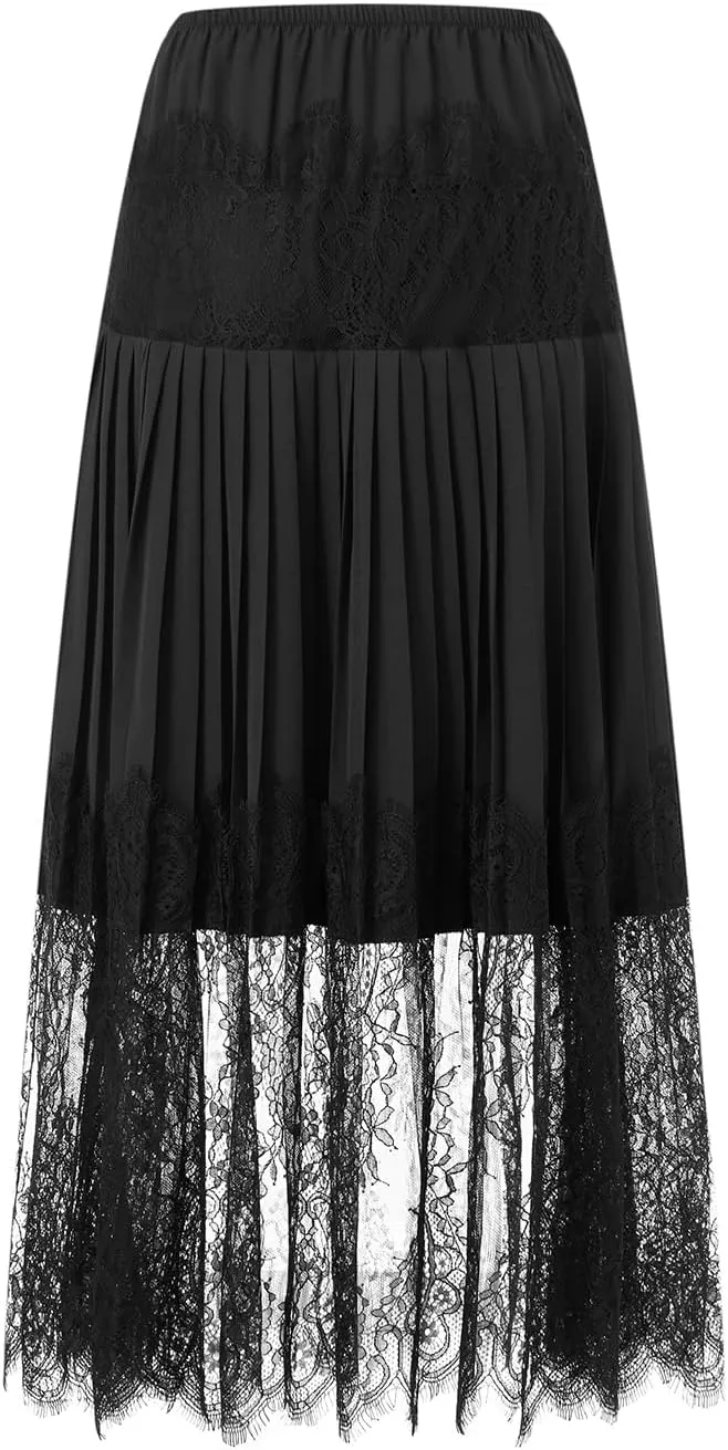 Women Tiered Lace Pleated Midi Skirts Lace Trim Layered Mesh Tulle Skirt Elastic Waist Flowy Long Goth Skirts