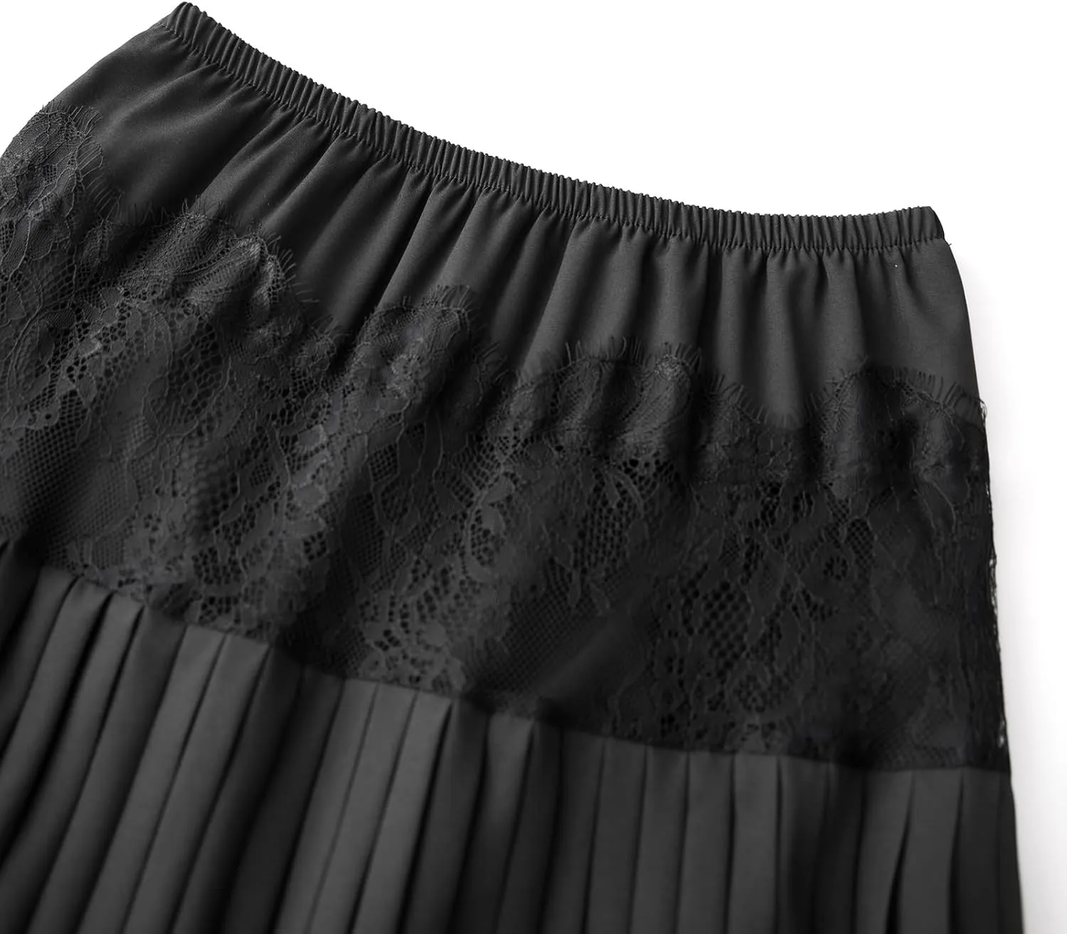 Women Tiered Lace Pleated Midi Skirts Lace Trim Layered Mesh Tulle Skirt Elastic Waist Flowy Long Goth Skirts