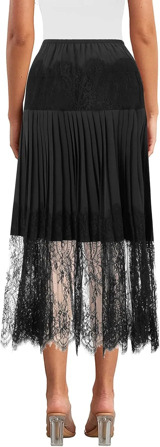 Women Tiered Lace Pleated Midi Skirts Lace Trim Layered Mesh Tulle Skirt Elastic Waist Flowy Long Goth Skirts