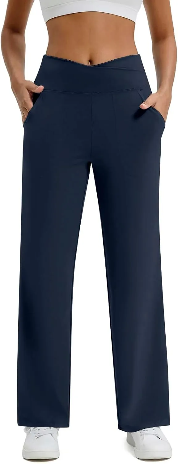 Women Wide Leg Yoga Pants Crossover Yoga Pants with Pockets Tummy Control Flare Leggings Lounge Athletic Pants