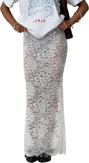Women Y2k Lace Maxi Skirts Elastic Waist Floral Lace Flowy Long Skirts Sheer See Through Ruffle Layered Skirts