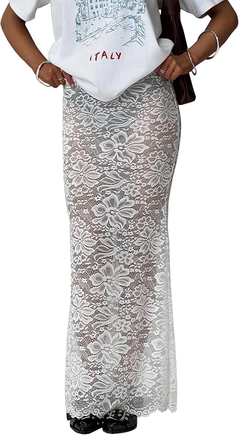 Women Y2k Lace Maxi Skirts Elastic Waist Floral Lace Flowy Long Skirts Sheer See Through Ruffle Layered Skirts