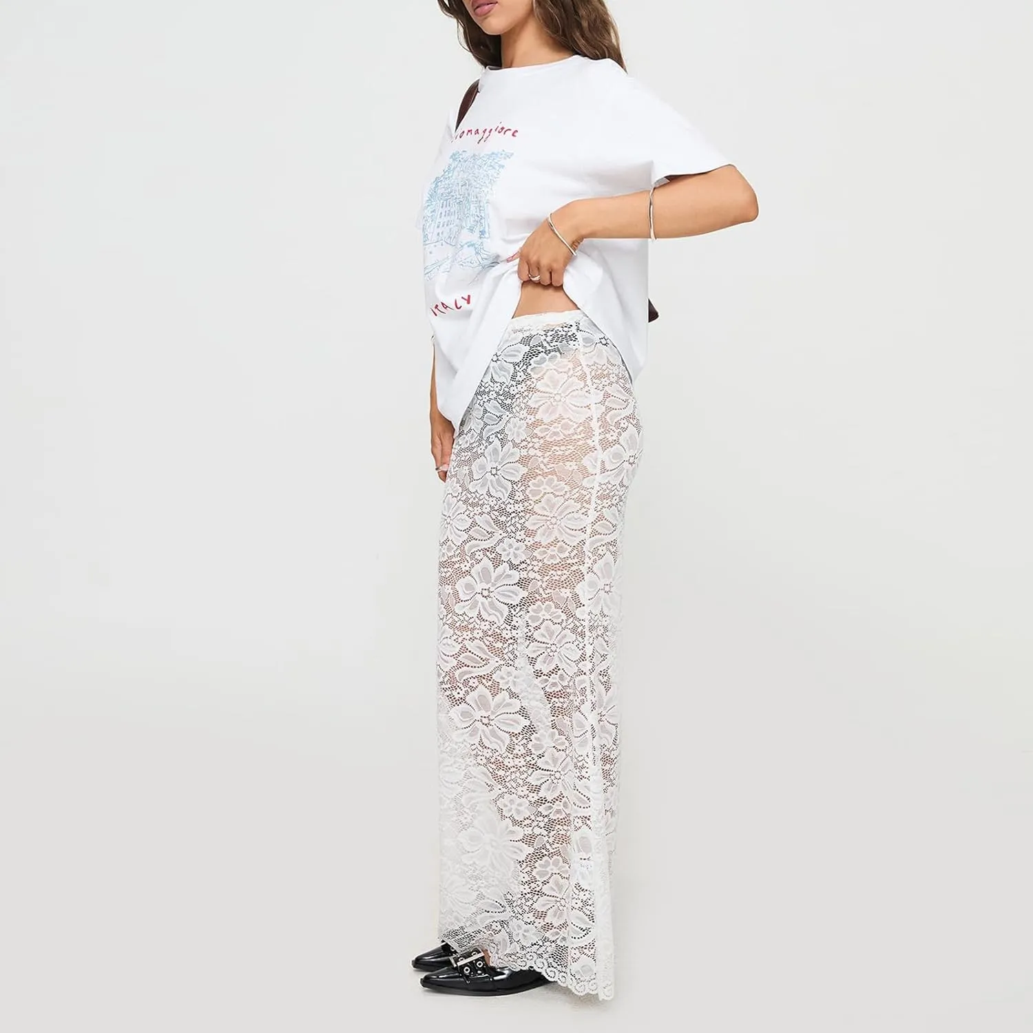 Women Y2k Lace Maxi Skirts Elastic Waist Floral Lace Flowy Long Skirts Sheer See Through Ruffle Layered Skirts