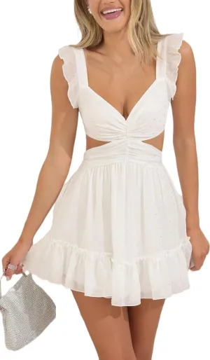 Women Y2k Lace Mini Dress Flowy Ruffle Corset Short Formal Dress Fairy Sleeveless Open Back Going Out Club Dresses