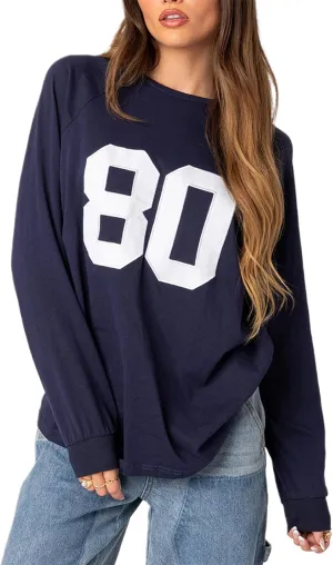 Women Y2k Number Print Jersey Top Oversized Long Sleeve Crewneck Sweatshirt Spring Going Out Streetwear