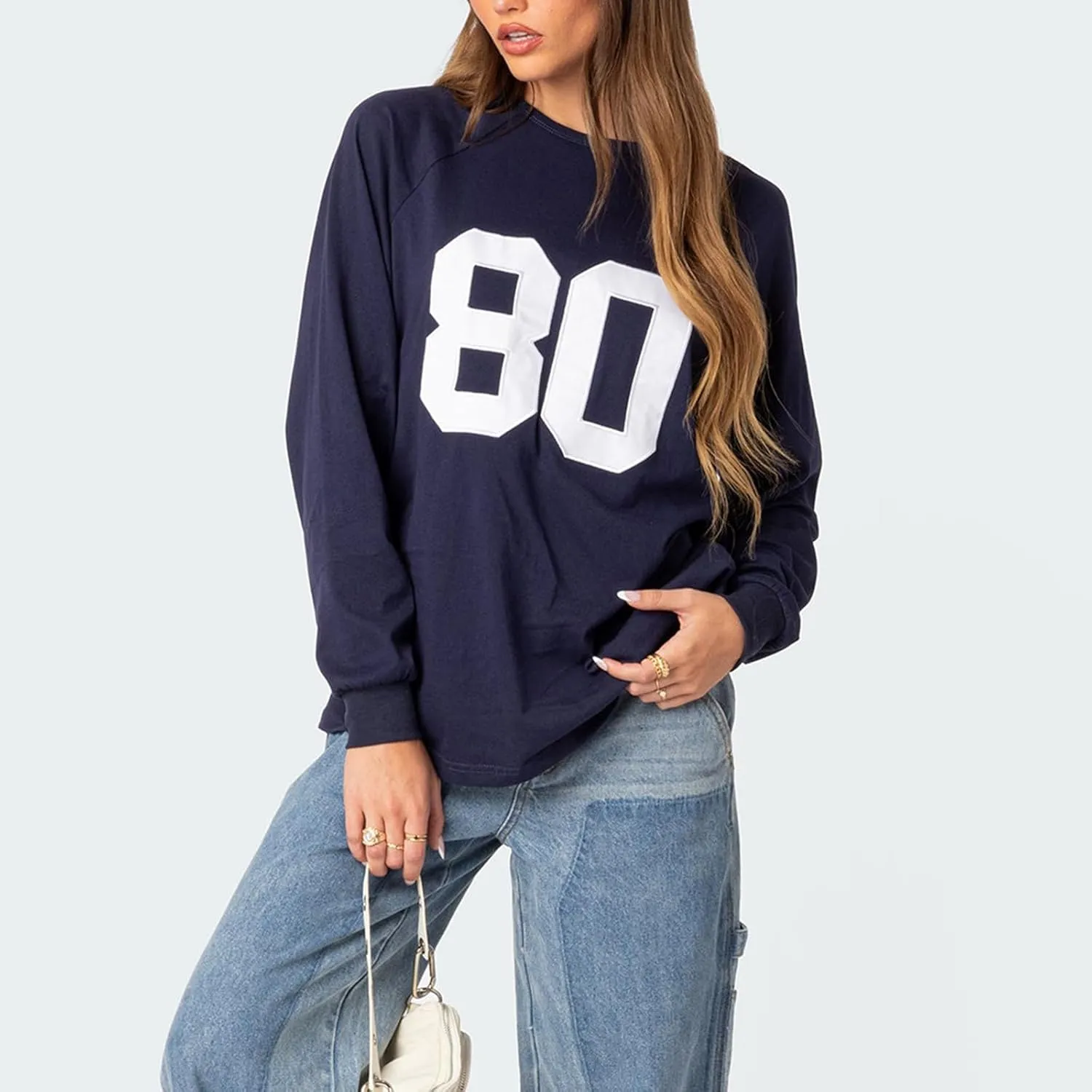 Women Y2k Number Print Jersey Top Oversized Long Sleeve Crewneck Sweatshirt Spring Going Out Streetwear