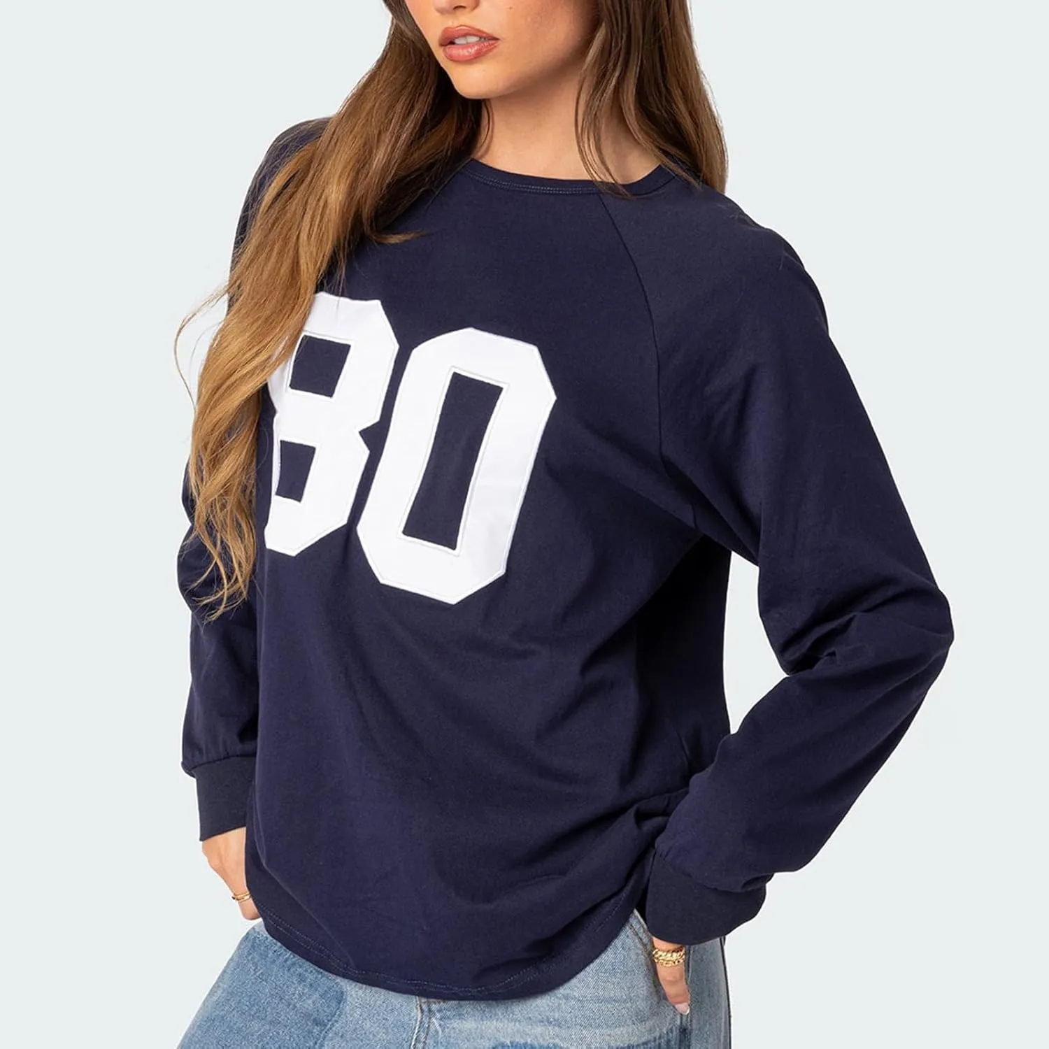 Women Y2k Number Print Jersey Top Oversized Long Sleeve Crewneck Sweatshirt Spring Going Out Streetwear