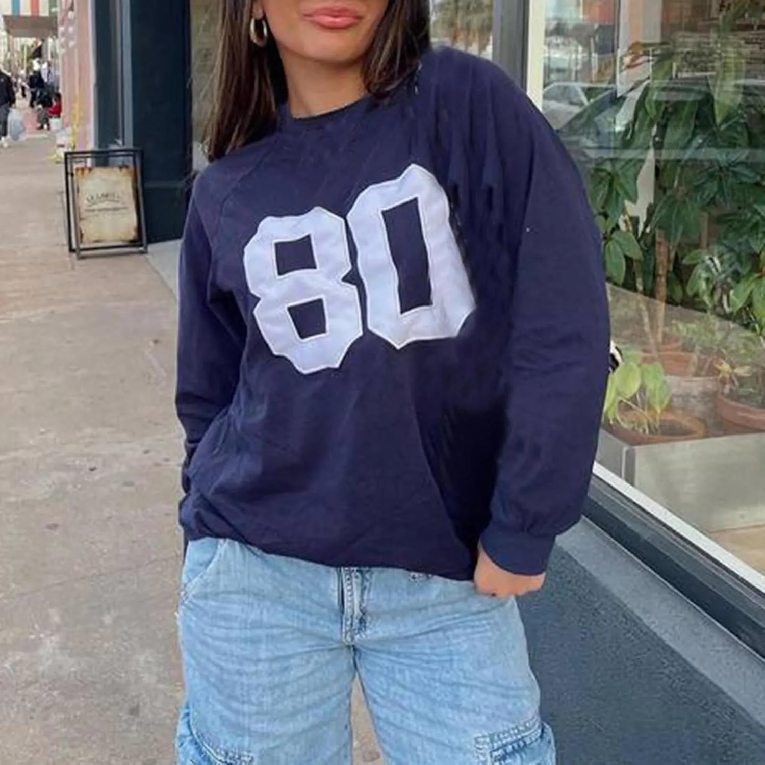 Women Y2k Number Print Jersey Top Oversized Long Sleeve Crewneck Sweatshirt Spring Going Out Streetwear
