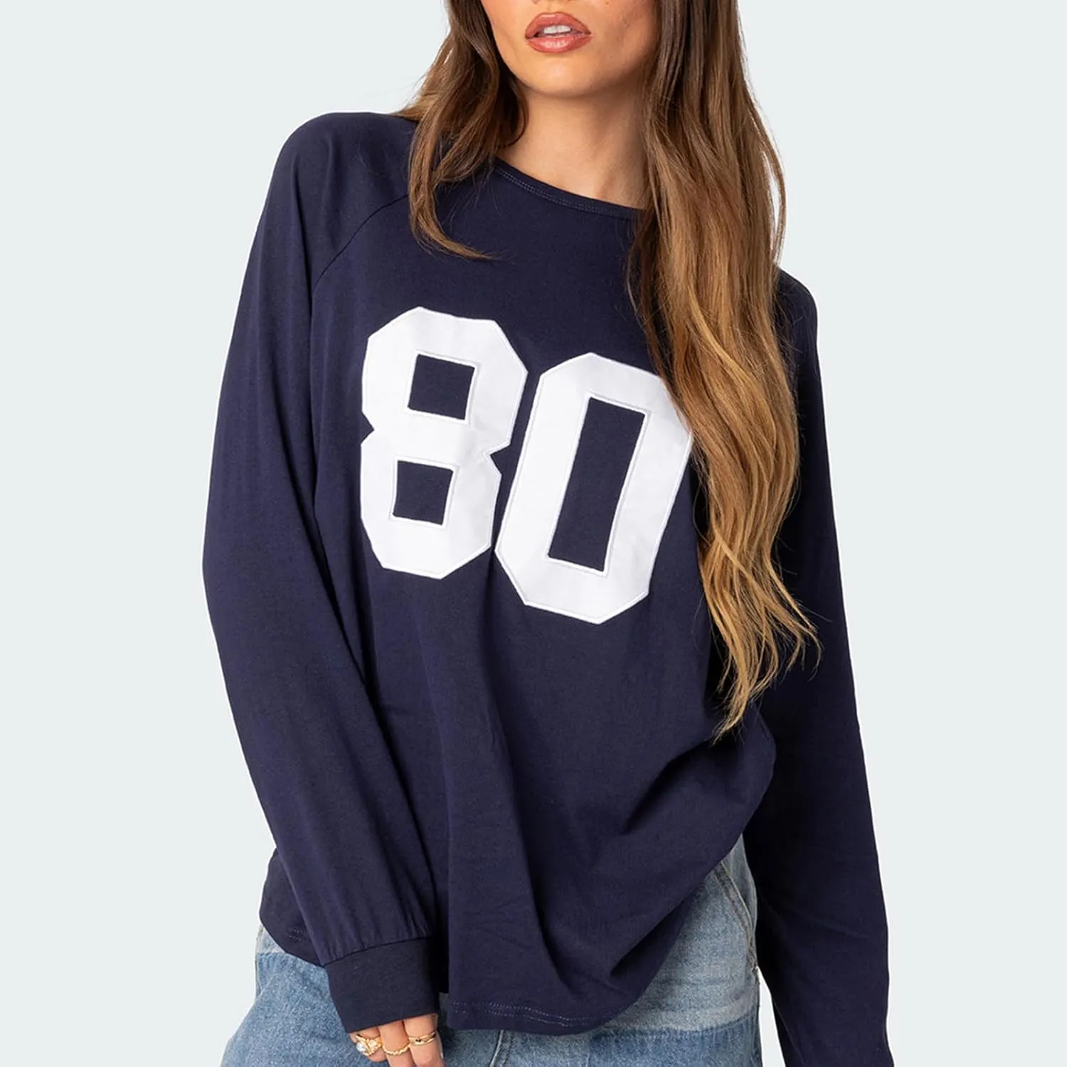 Women Y2k Number Print Jersey Top Oversized Long Sleeve Crewneck Sweatshirt Spring Going Out Streetwear