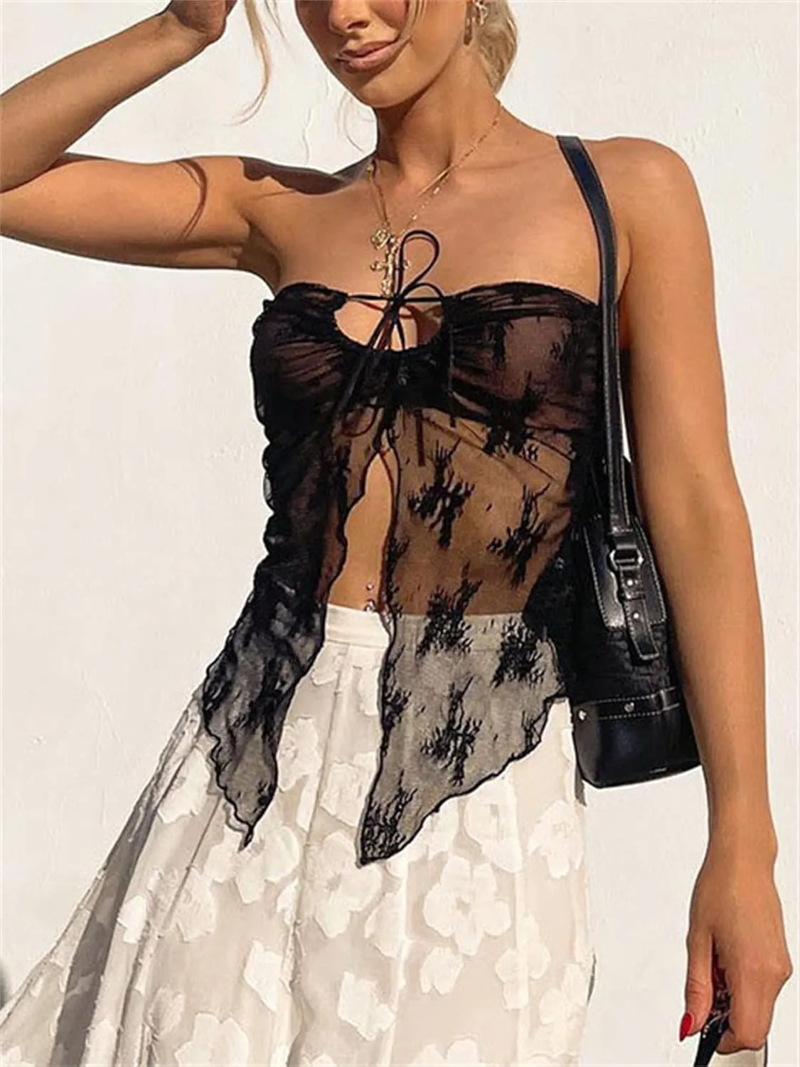 Women Y2K Sexy Lace Camisole Low Cut Slim Fit Sleeveless Spaghetti Strap Tank Crop Tops Vintage Fairy Streetwear