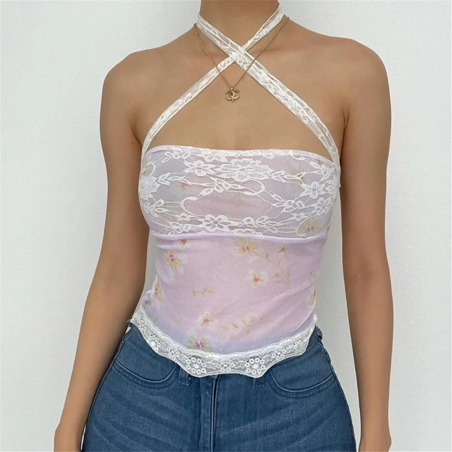 Women Y2K Sexy Lace Camisole Low Cut Slim Fit Sleeveless Spaghetti Strap Tank Crop Tops Vintage Fairy Streetwear