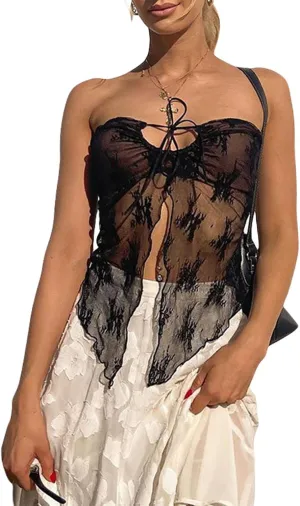 Women Y2K Sexy Lace Camisole Low Cut Slim Fit Sleeveless Spaghetti Strap Tank Crop Tops Vintage Fairy Streetwear