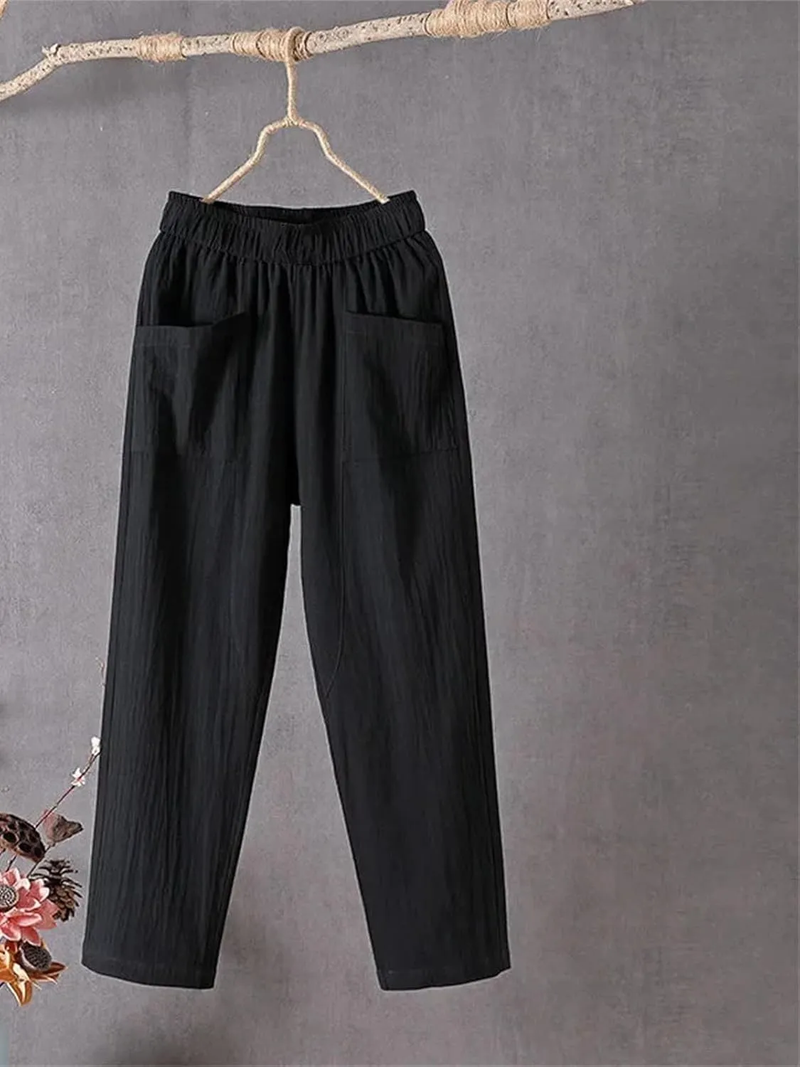 Women's Casual Cotton Linen Harem Pants Loose Fit Slimming Straight Leg Pants with Pockets