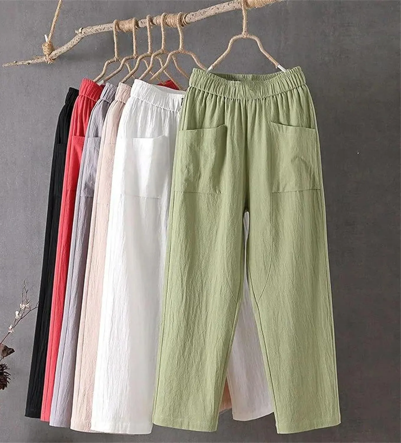 Women's Casual Cotton Linen Harem Pants Loose Fit Slimming Straight Leg Pants with Pockets
