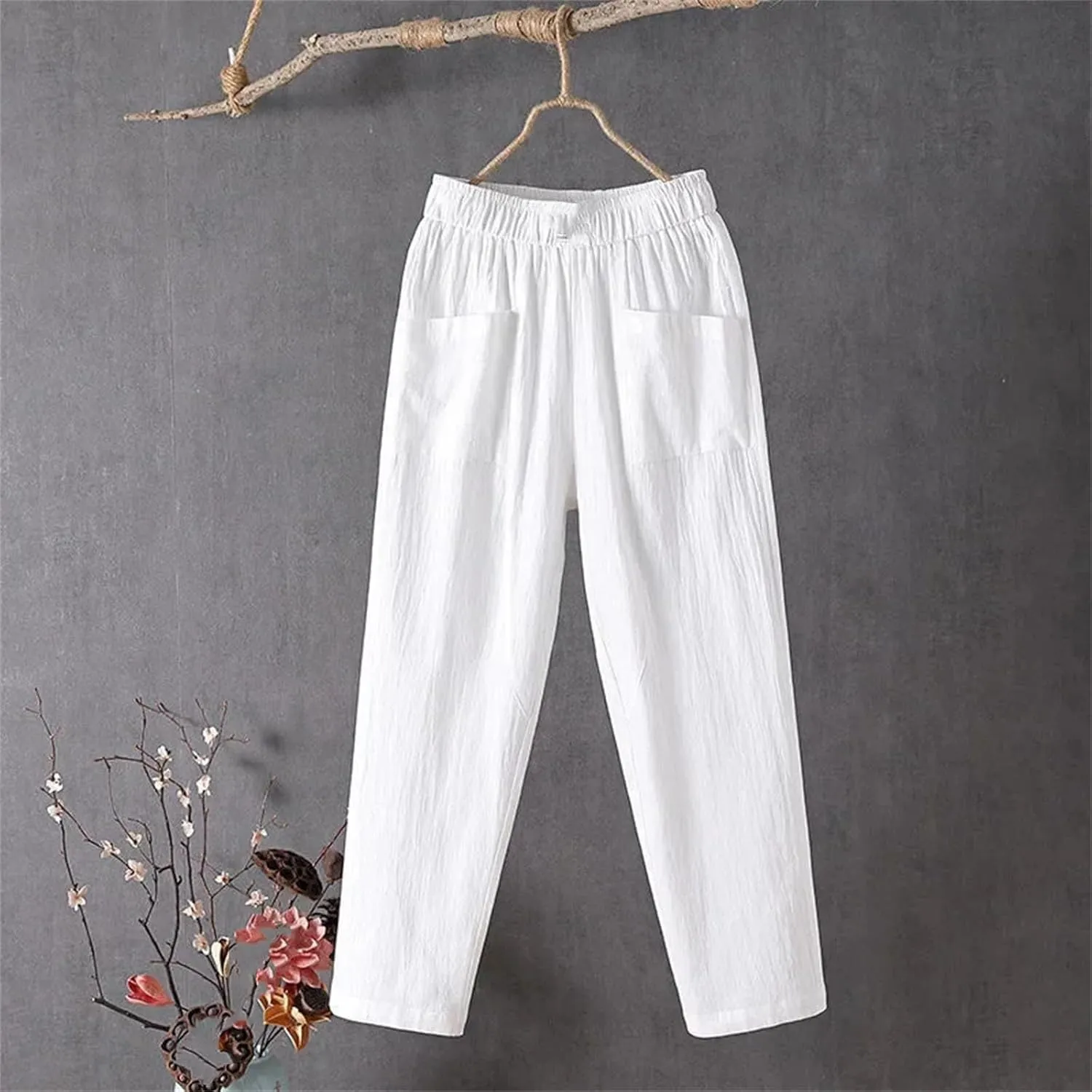 Women's Casual Cotton Linen Harem Pants Loose Fit Slimming Straight Leg Pants with Pockets