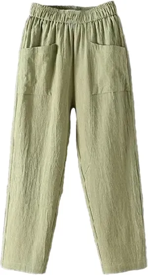 Women's Casual Cotton Linen Harem Pants Loose Fit Slimming Straight Leg Pants with Pockets