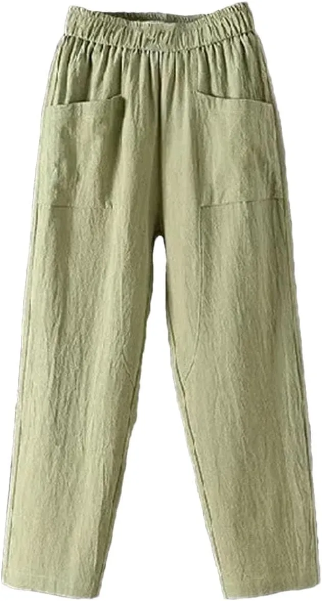 Women's Casual Cotton Linen Harem Pants Loose Fit Slimming Straight Leg Pants with Pockets