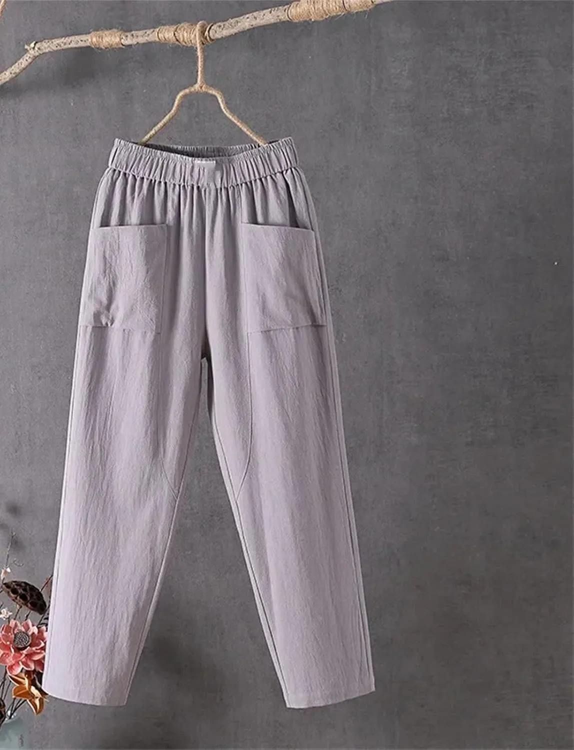 Women's Casual Cotton Linen Harem Pants Loose Fit Slimming Straight Leg Pants with Pockets