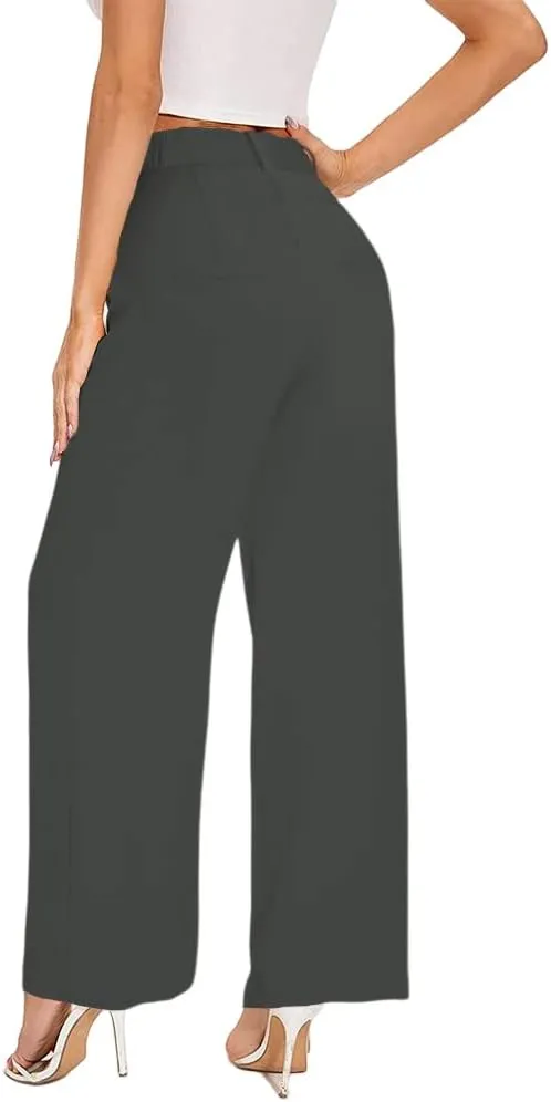 Women's Casual Straight Trousers High Waisted Button Work Office Dress Pants with Pockets