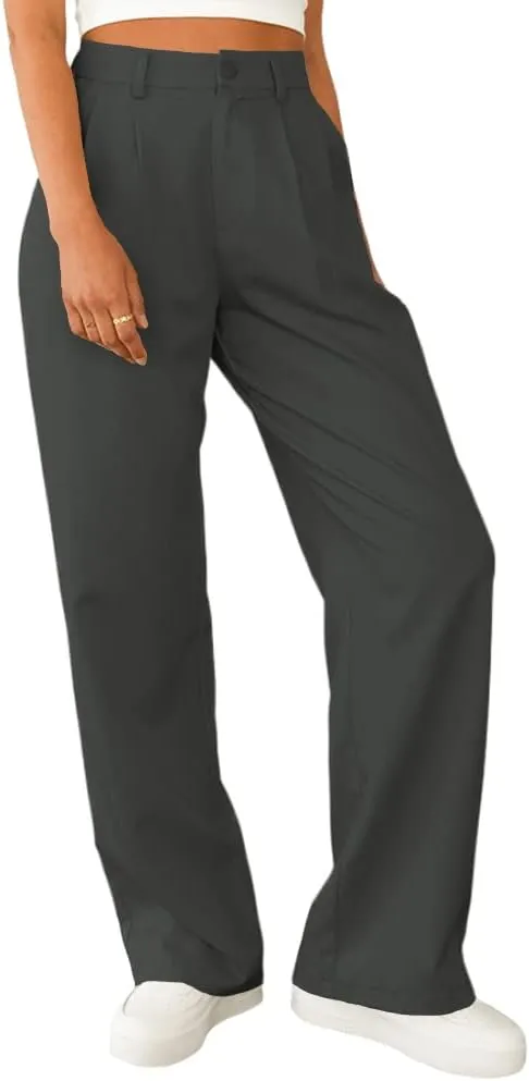 Women's Casual Straight Trousers High Waisted Button Work Office Dress Pants with Pockets