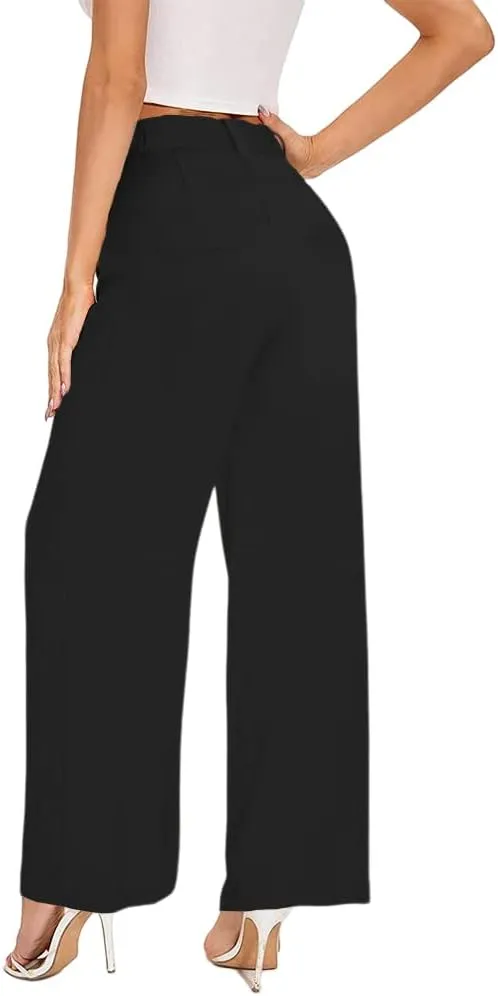 Women's Casual Straight Trousers High Waisted Button Work Office Dress Pants with Pockets