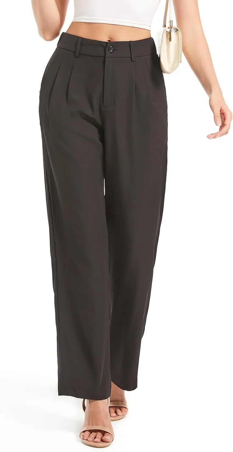 Women's Casual Straight Trousers High Waisted Button Work Office Dress Pants with Pockets