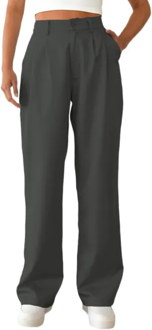 Women's Casual Straight Trousers High Waisted Button Work Office Dress Pants with Pockets