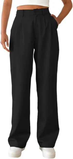 Women's Casual Straight Trousers High Waisted Button Work Office Dress Pants with Pockets