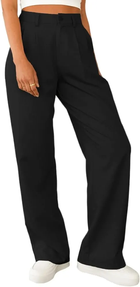 Women's Casual Straight Trousers High Waisted Button Work Office Dress Pants with Pockets