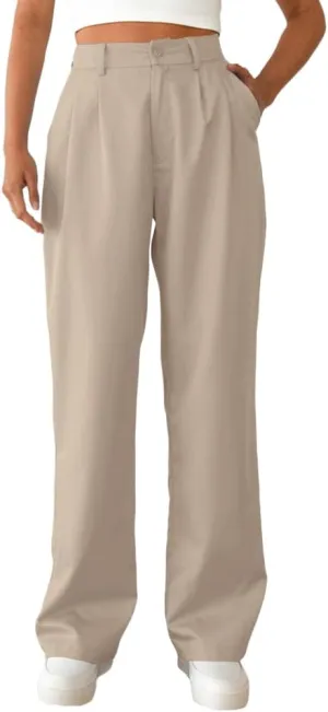 Women's Casual Straight Trousers High Waisted Button Work Office Dress Pants with Pockets