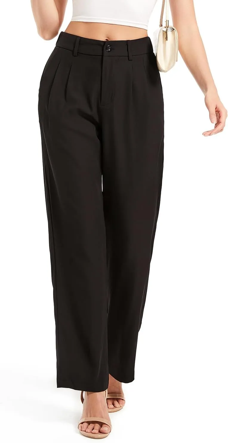 Women's Casual Straight Trousers High Waisted Button Work Office Dress Pants with Pockets