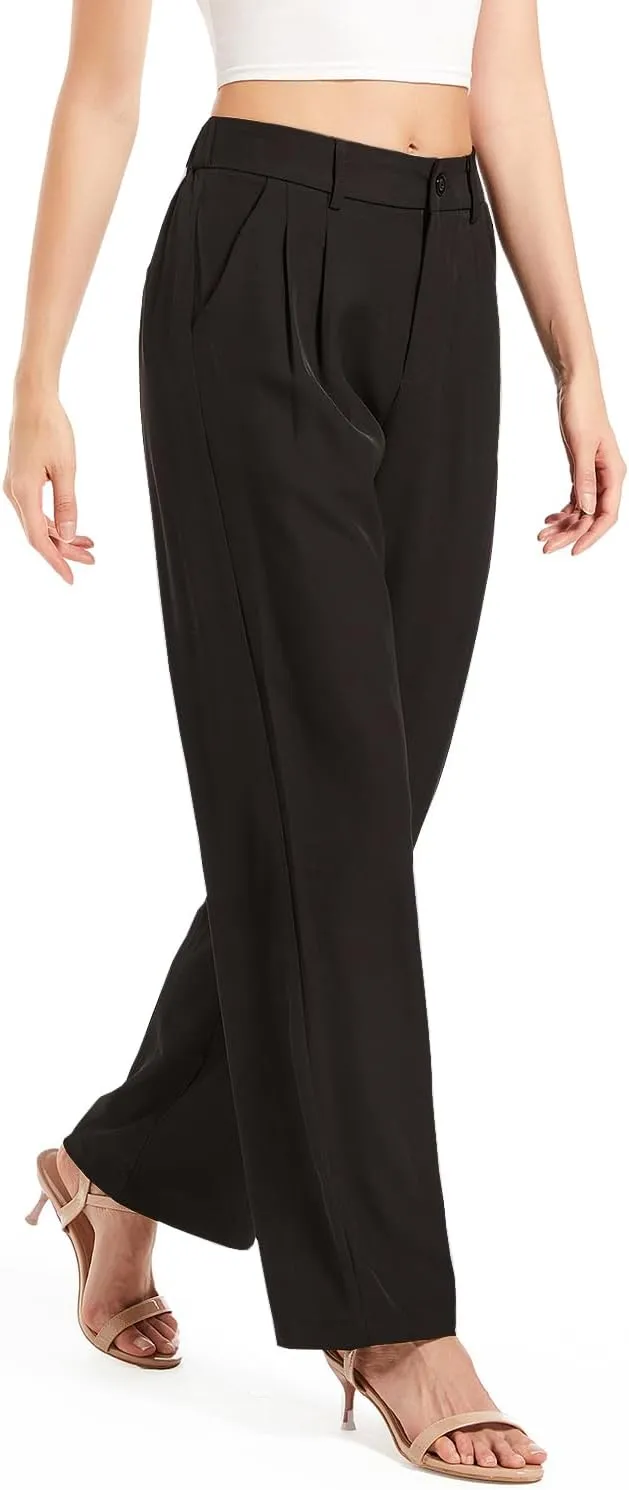 Women's Casual Straight Trousers High Waisted Button Work Office Dress Pants with Pockets