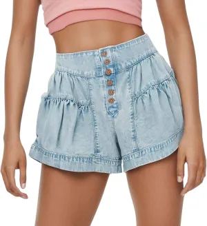 Womens Denim Shorts Baggy High Waisted Flowy Wide Leg Buttons Pleated Casual Summer Jean Shorts Trendy Ruffle Skorts